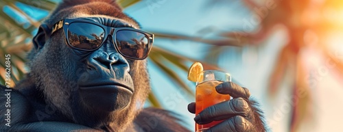 A gorilla confidently wears sunglasses and holds a refreshing cocktail in its hand. photo