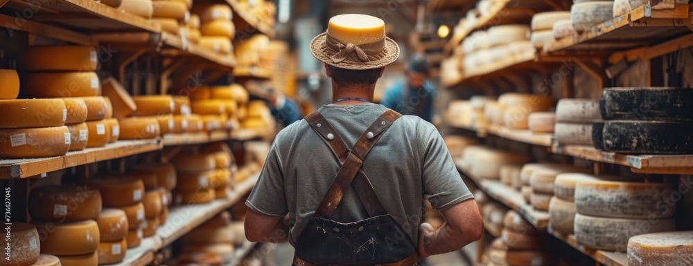 A man wearing a backpack walks through a cheese store, surrounded by various types of cheese and shelves filled with products.