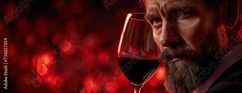 A male sommelier with a beard holding a glass of red wine. photo