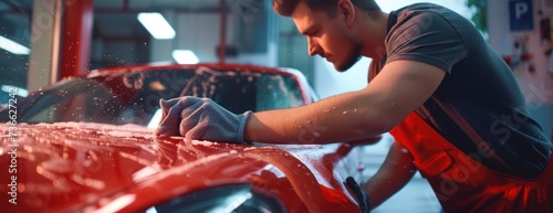 A man takes care of his red car  diligently washing it with a microfiber cloth in a well-lit garage.
