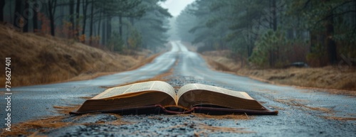 An open book is lying on the side of the road, surrounded by the background of the road.
