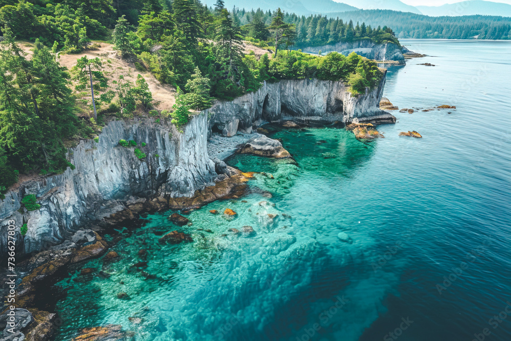 Panoramic Aerial drone of a rocky coast line in the pacific Ocean with turquoise waters Panoramic Aerial drone of a rocky coast line in the pacific Ocean with turquoise waters