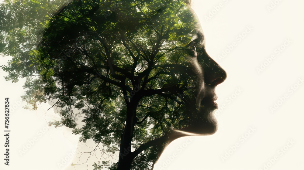 Double exposure silhouette head portrait of a thoughtful man combined with photograph of forest. Conceptual image showing unity of human with nature. Ecology, freedom, environment