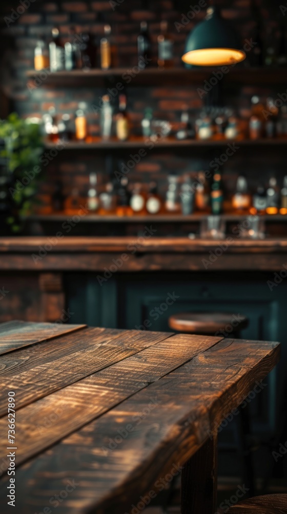 An elegant, empty dark wooden table with a glass of beer on top.