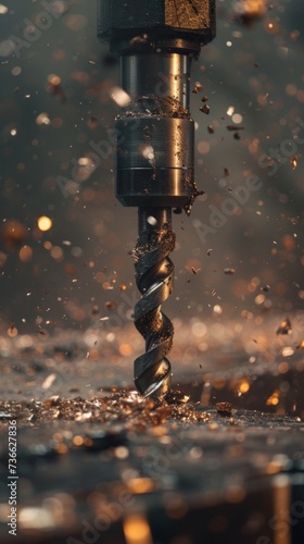 A close-up shot of a metal cutting machine as its drill bit penetrates a workpiece, producing precise cuts.