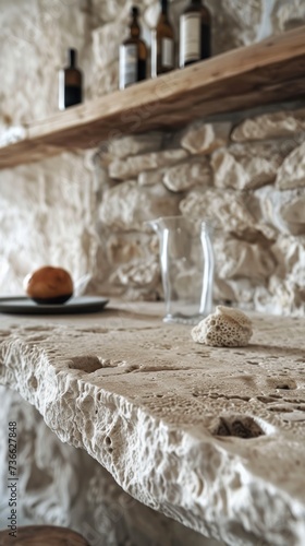 A closeup of a limestone kitchen counter featuring a bowl of assorted fruit.