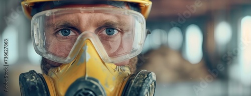 A builder wearing a protective dust mask and safety goggles for safety measures while working. photo