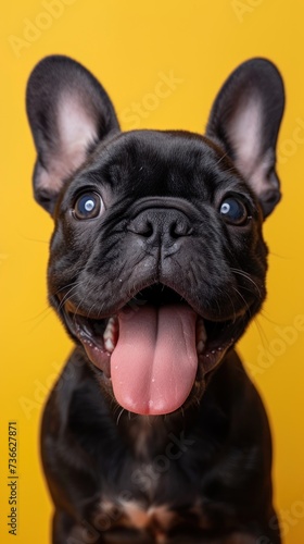 A happy puppy dog with a small black coat and its tongue sticking out, photographed on an isolated yellow background.