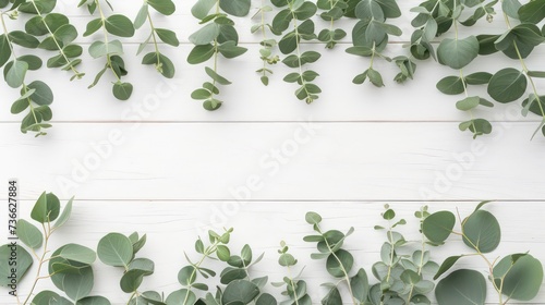 Eucalyptus leaves on white background. Frame made of eucalyptus branches. Flat lay, top view, copy space