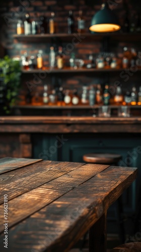 An elegant, empty dark wooden table with a glass of beer on top.