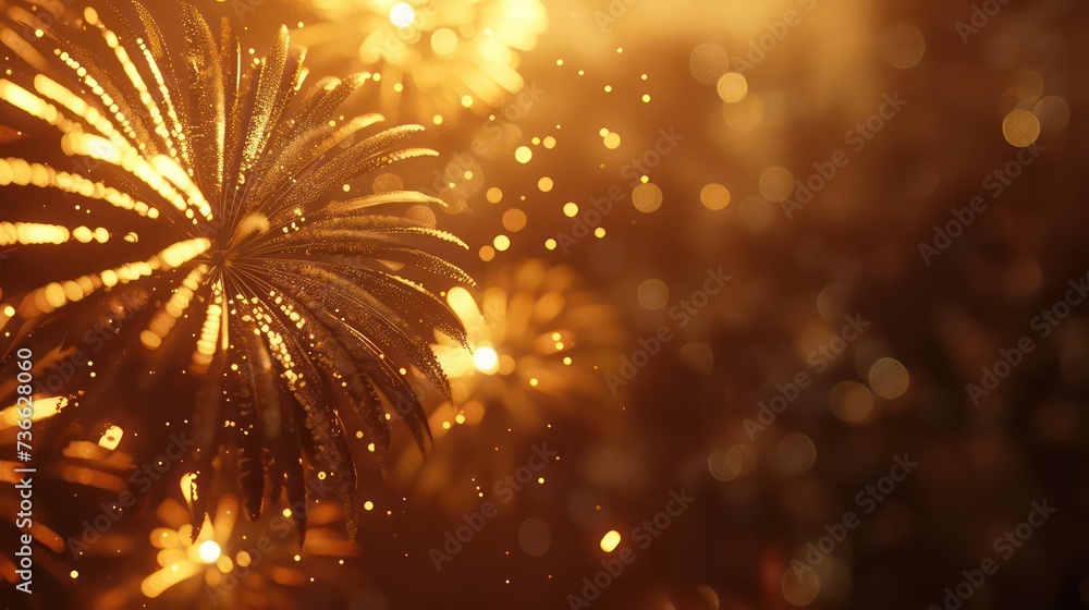 Fototapeta premium Magic holiday abstract glitter background with blinking stars and falling snowflakes. Blurred bokeh of Christmas lights.