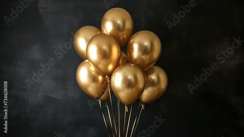 Gold balloons bunch on a black wall background. Horizontal banner.