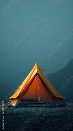 A yellow tent is seen resting on top of a body of water  contrasting against the gray background.