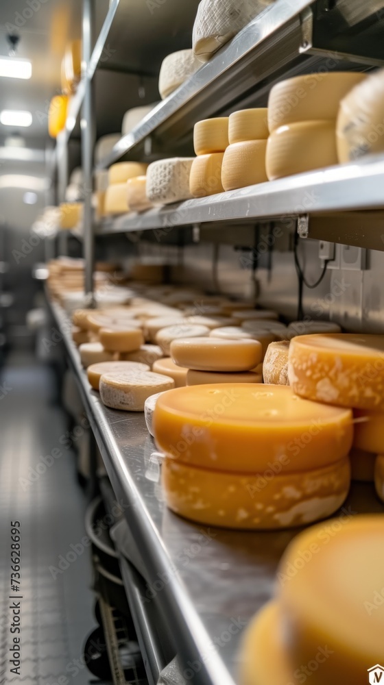 A corridor filled with shelves showcasing a wide variety of cheeses. A corridor filled with shelves showcasing a wide variety of cheeses.