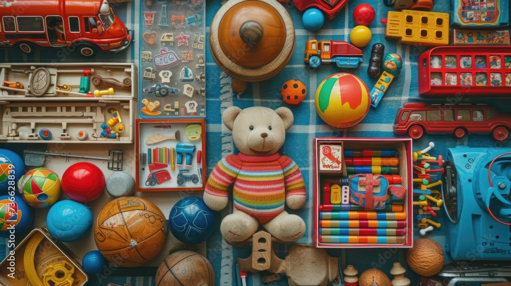 collection of nostalgic childhood toys and games, evoking cherished memories of siblings growing up together on Siblings Day