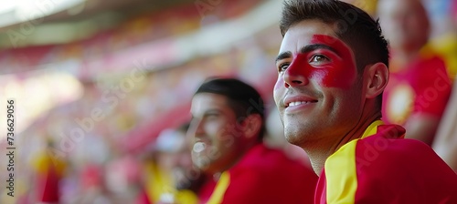 Excited spanish football fan with face painted in flag colors at stadium, copy space for text