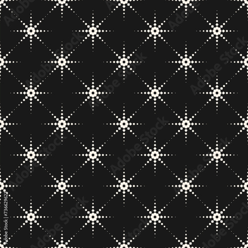 Vector black and white geometric seamless pattern. Stylish texture with halftone dots, floral silhouettes, starburst. Simple minimal modern monochrome background. Dark minimalist repeated geo design