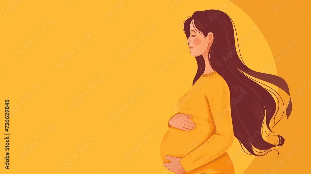 Modern banner about pregnancy and motherhood. Poster with beautiful young pregnant woman with long hair and place for text. Minimalistic design, flat illustration