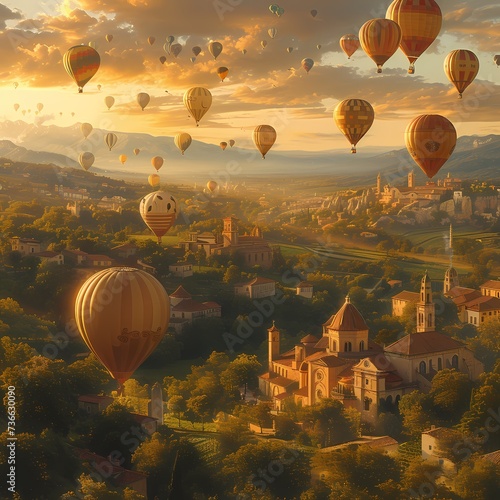 Enchanting Hot Air Balloon Festival Over Idyllic Town at Sunrise