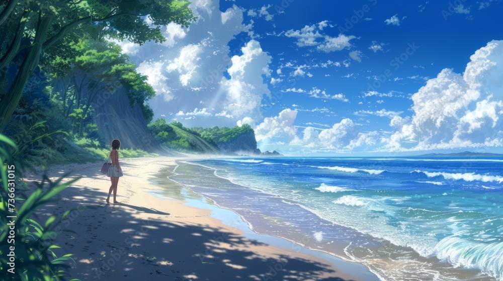 A girl on a blue beach and a blue sky with white clouds is gazing at ...