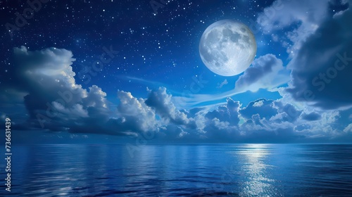 3d rendering of night in sea landscape with moonlight. Fantasy night landscape