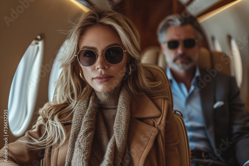  Elegant woman and man with sunglasses inside a private jet