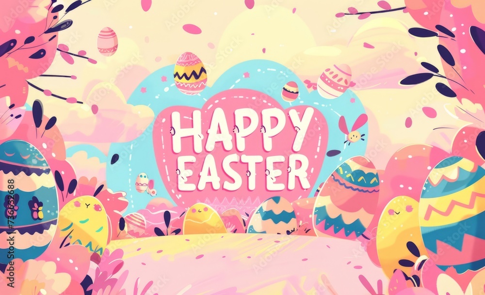 HAPPY EASTER on a background with easter eggs and frame in the background Generative AI