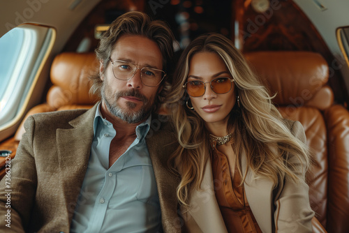  Elegant man and woman inside a private jet