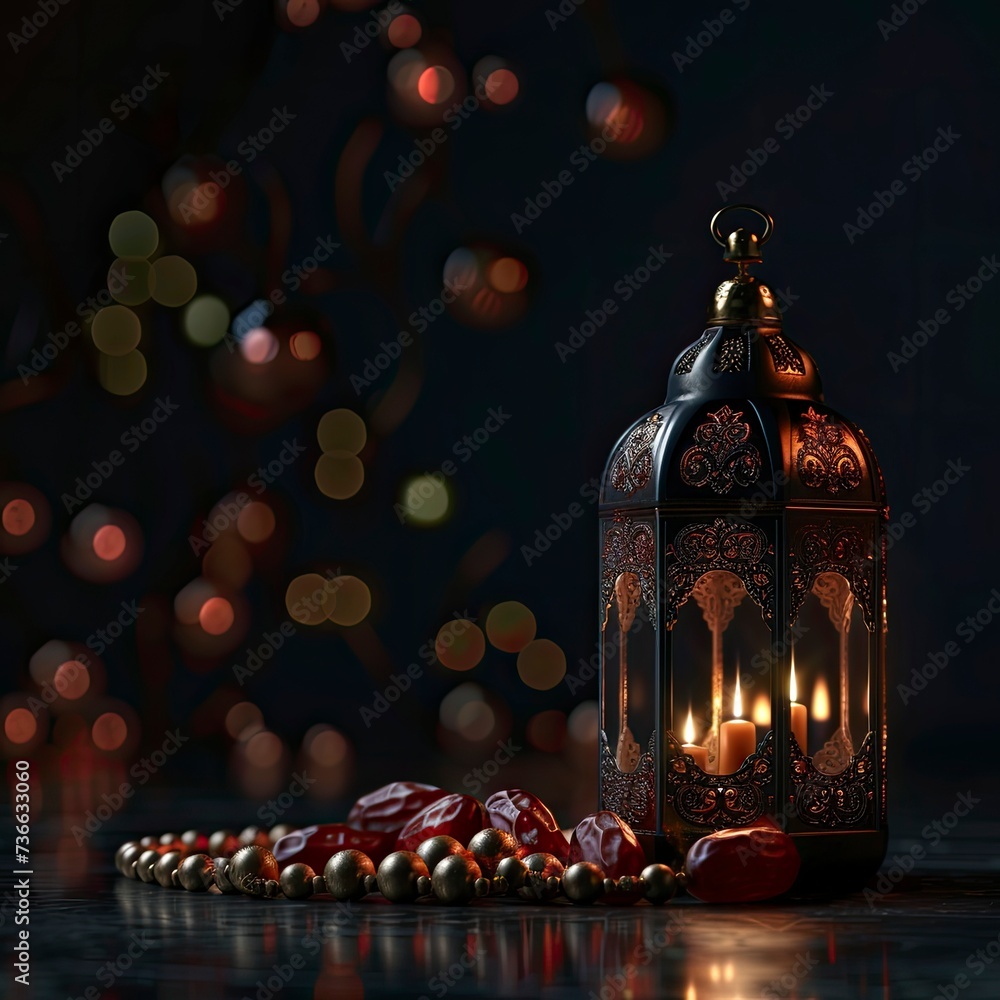 Low light photo of Lantern, fruit dates and rosary beads for Ramadan and Eid greetings, realistic, HD, copy space - generative ai Low light photo of Lantern, fruit dates and rosary beads for Ramadan and Eid greetings, realistic, HD, copy space - generative ai