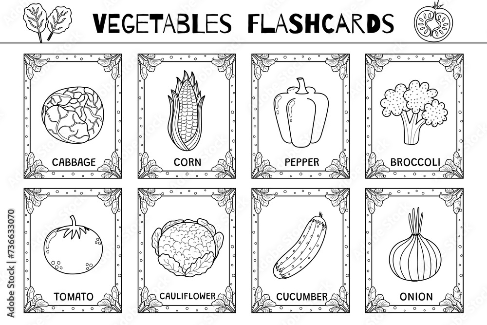 Vegetables flashcards black and white set. Flash cards collection for coloring in outline. Learn food vocabulary for school and preschool. Corn, pepper, cabbage and more. Vector illustration