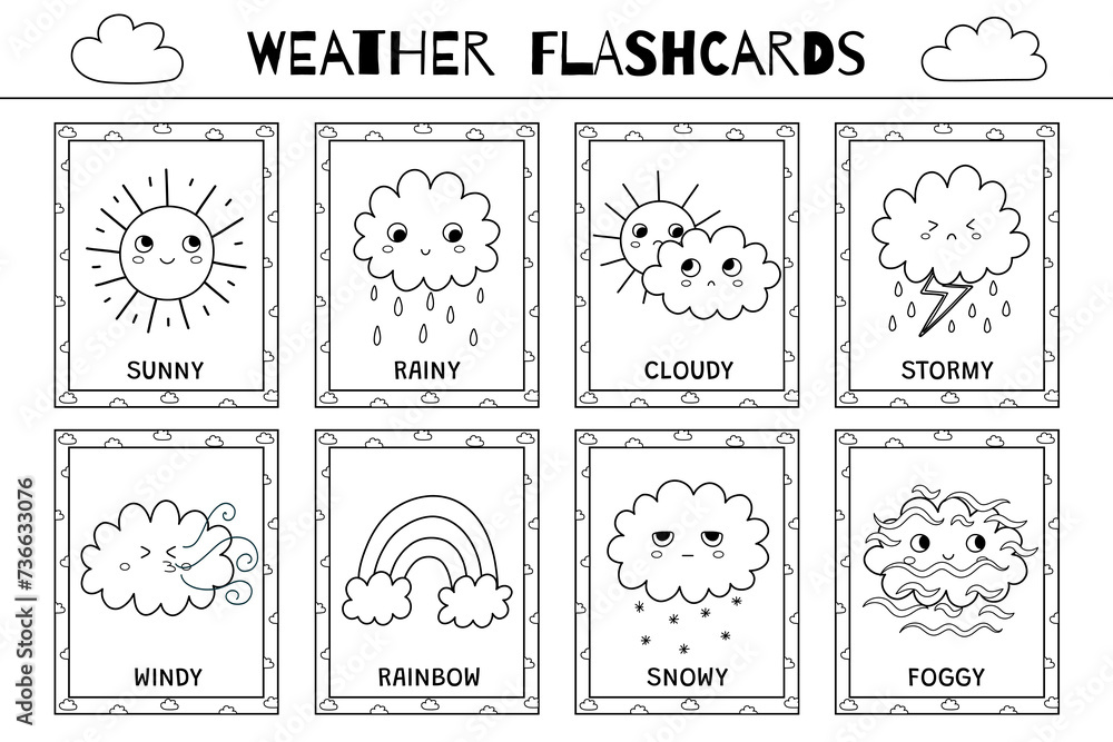 Cute weather flashcards black and white collection. Flash cards set for ...