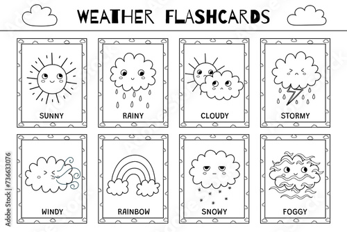 Cute weather flashcards black and white collection. Flash cards set for coloring with funny sun and cloud characters. Learning forecast vocabulary for school and preschool. Vector illustration