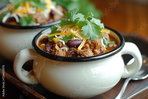 Two White Bowls Filled With Chili and Beans