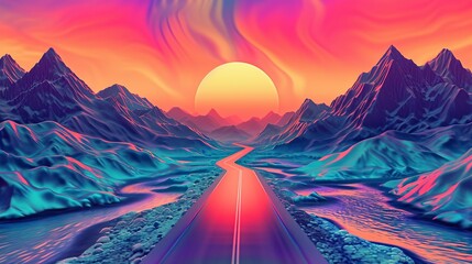 Papier peint photo Corail illustration of a retro style psychedelic landscape with vivid colors  © Jorge Ferreiro