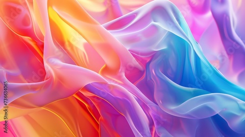 Vivid neon 3D-rendered wavy shapes on a gradient backdrop. Futuristic holographic abstract design with luminous fluid desktop wallpaper. Glowing dynamic silky background.