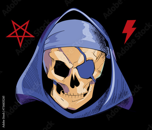 Design for a pirate skull t-shirt with a blue hood along with symbols of thunder and a red five-pointed star on a black background.