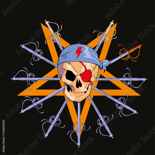 Skull t-shirt design with a demonic star and a set of Renaissance swords on a black background
