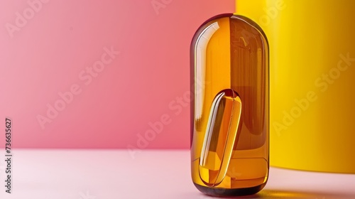 Bright yellow capsule close up of d vitamin or omega 3 on pastel blurred background with copy space