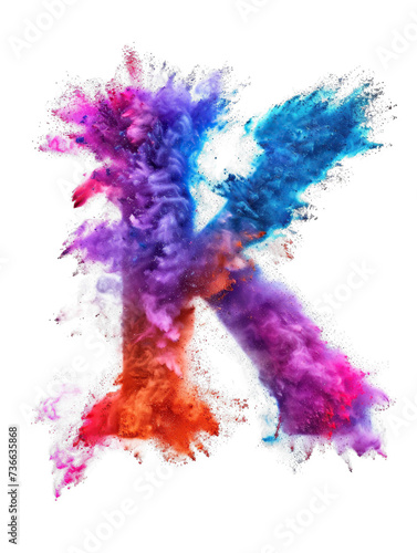 Multicolored powder Holi font explosion isolated on transparent background. Full color letter K. An explosion of color dust in high resolution. Festival clip art © StasySin