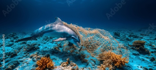 Underwater view of dolphin trapped in fishing net, exposing the impact of human waste on marine life