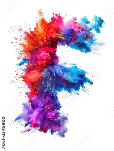Multicolored powder Holi font explosion isolated on transparent background. Full color letter F. An explosion of color dust in high resolution. Festival clip art © StasySin