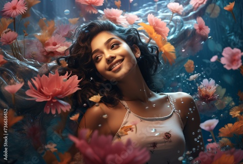 a woman in water surrounded by flowers