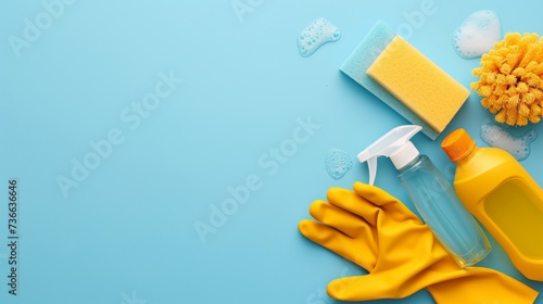 Cleaning supplies with yellow gloves, sponge, and spray bottles on blue background with copy space