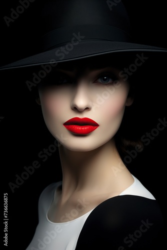 Wallpaper Mural black and white, mysterious woman with black hat and red lips Torontodigital.ca