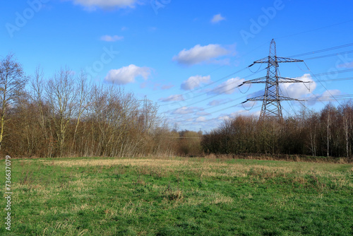 A woodland landscape with Electrical pylons standing tall in the countryside