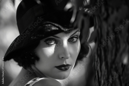 black and white  attractive model capturing the charm of silent cinema on set