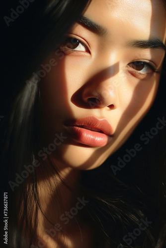Wallpaper Mural Extreme close up of asian woman with striking eyes and pouty lips.Face of beautiful caucasian woman. interplay of light and shadow. Dramatic composition. High quality photo Torontodigital.ca