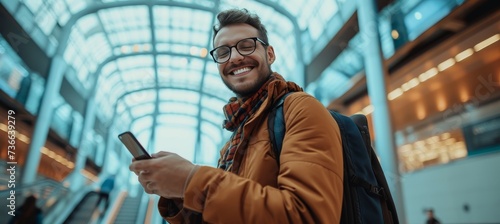 Fototapeta Naklejka Na Ścianę i Meble -  Happy bearded man using smartphone at airport station with space for text placement