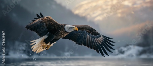 A close-up image of a Bald Eagle in flight