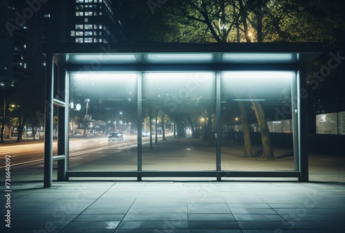 a bus stop with a glass wall and trees and a road